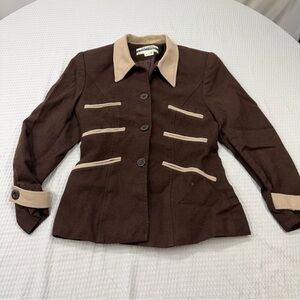 Vintage Brown Wool-Blend Contrast Collar Blazer